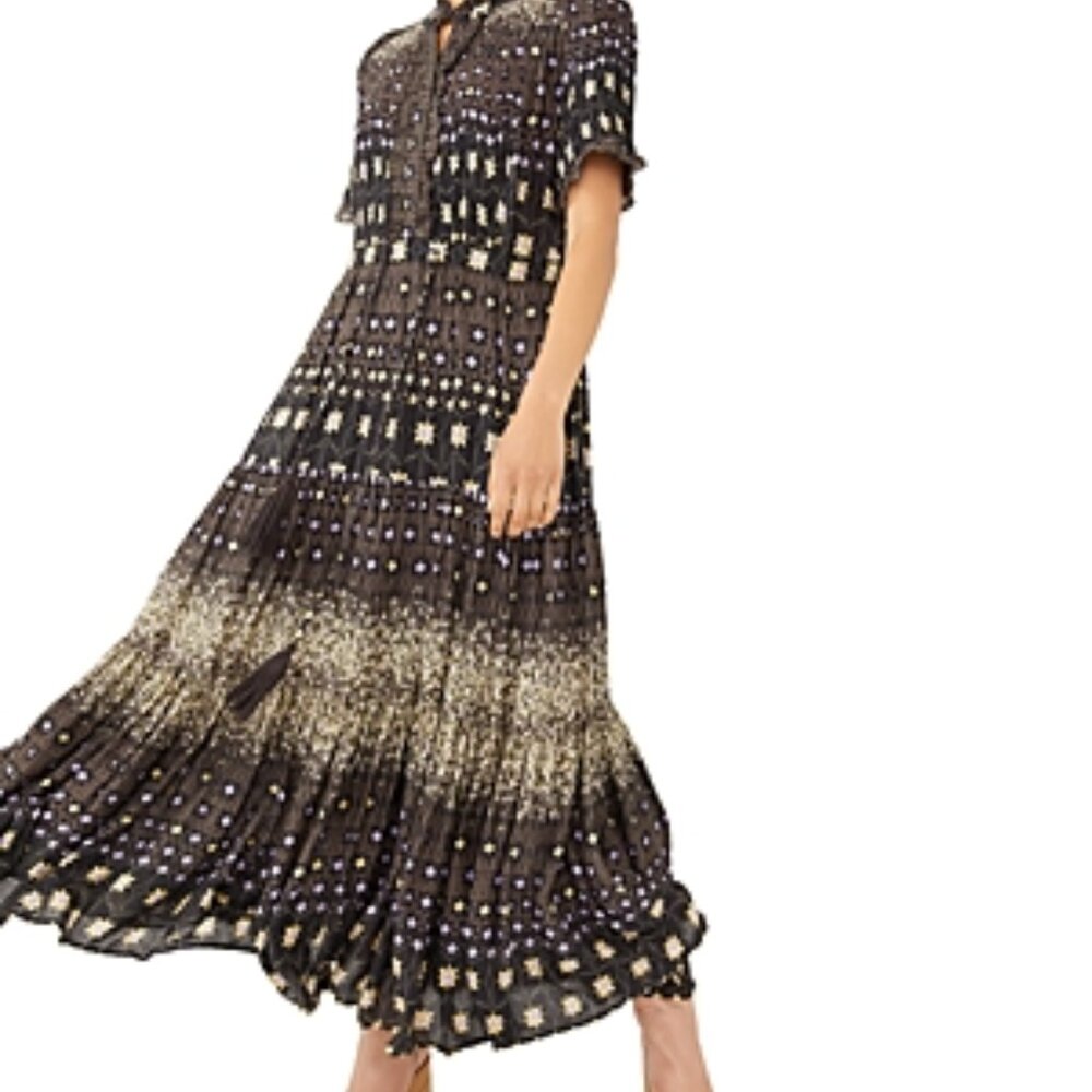 Free People Rare Feelings Cocoa Floral Boho Flutter Sleeve Lined Maxi Dress XS